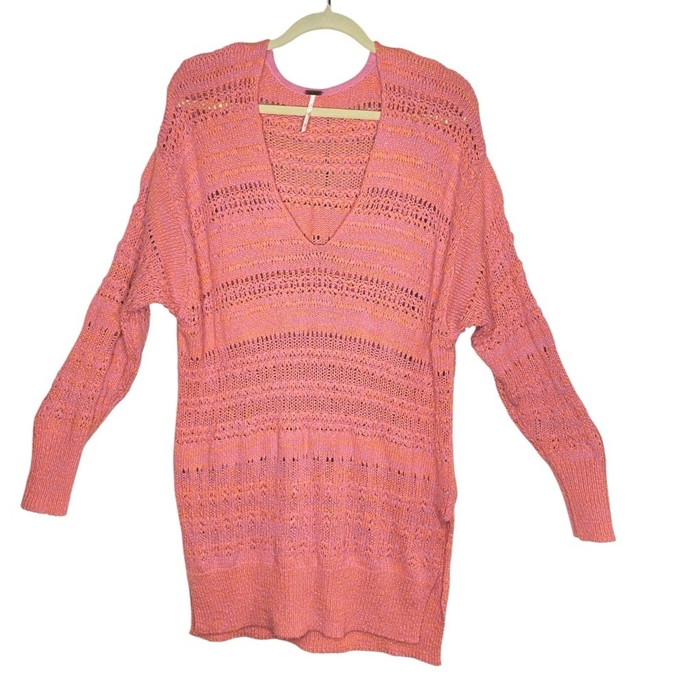 Free People Coral Pink Open Knit Oversized V-Neck Sweater Tunic Medium - Picture 2 of 15